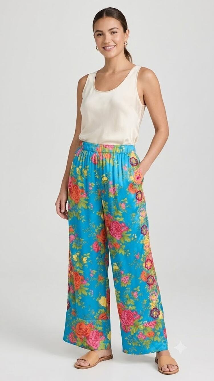 Mi Golondrina Clara Blue Pink Floral Pants Embroidered Borders XL